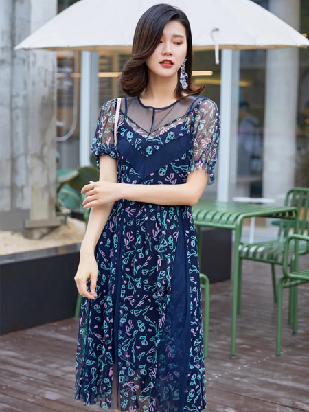 YSGJ女装品牌2020春夏深蓝色连衣裙