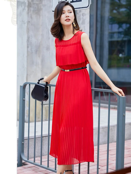 YSGJ女装品牌2020春夏无袖红色连衣裙