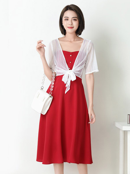 雅苑女装品牌2020春夏白色薄纱外套红色连衣裙
