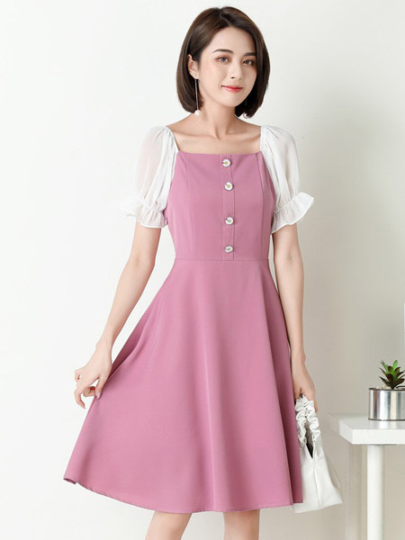 雅苑女装品牌2020春夏泡泡袖白色紫粉色连衣裙