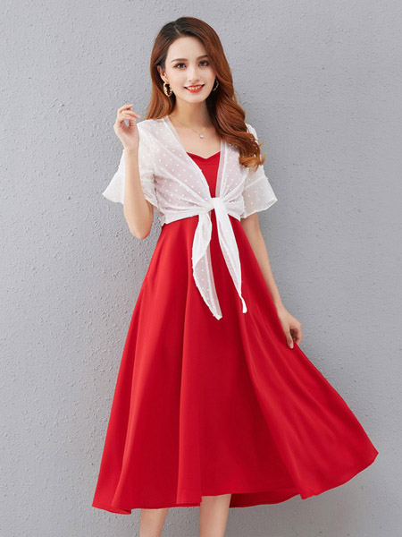 雅苑女装品牌2020春夏白色薄纱外套红色连衣裙