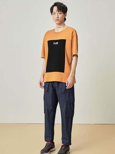 EHE男装品牌2020春夏橙黄色黑色方框T恤