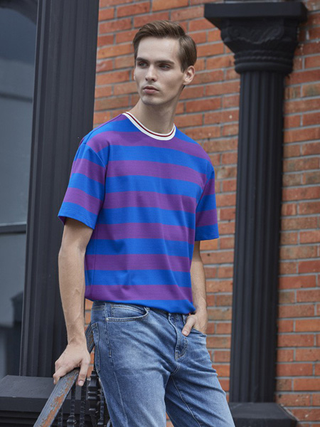爱迪丹顿男装品牌2020春夏蓝色紫色横纹T恤