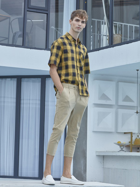 爱迪丹顿男装品牌2020春夏大格纹黄色黑色衬衫