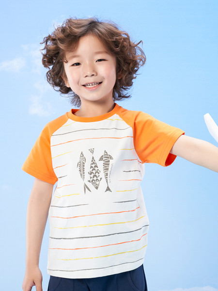 丽婴房童装品牌2020春夏男童鲨鱼印图T恤儿童条纹短袖上衣夏季洋气宝宝T恤