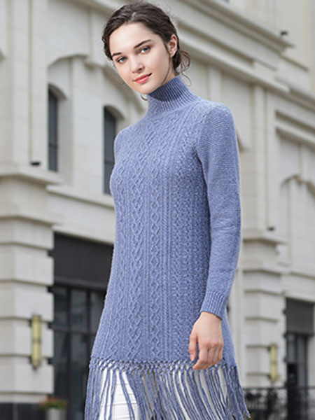 金菊女装品牌2020秋季深蓝色高腰针织衫毛衣