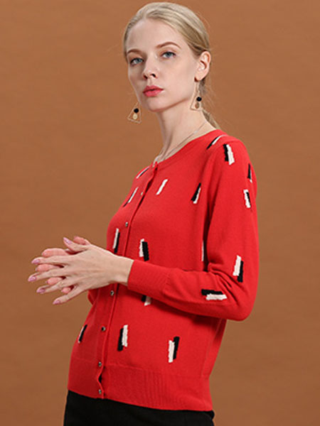 金菊女装品牌2020秋季圆领红色针织衫