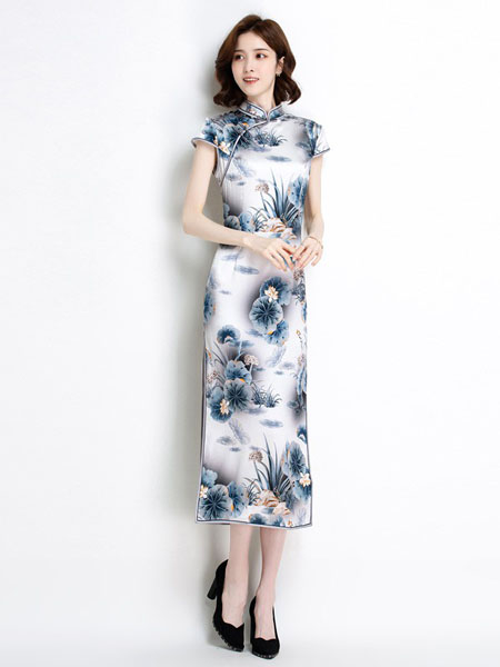 金菊女装品牌2020春夏白色蓝色荷叶旗袍连衣裙