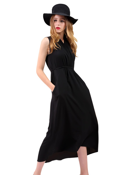 艾丽莎女装品牌2020春夏无袖收腰黑色连衣裙