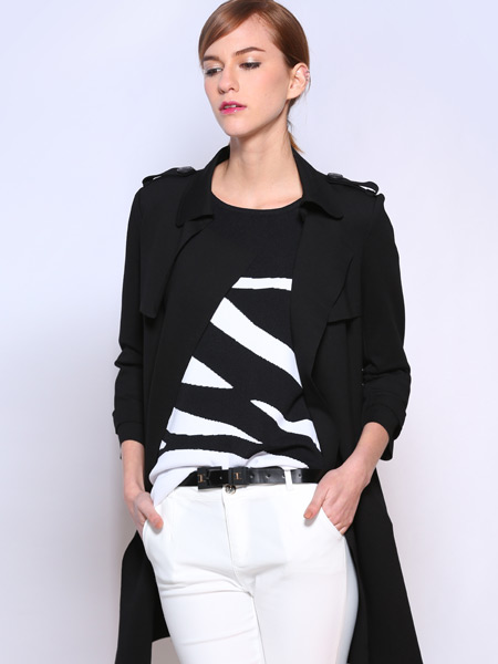 艾丽莎女装品牌2020春夏黑色长款风衣外套