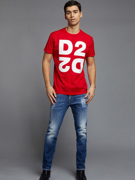 D二次方男装品牌2020春夏红色字母T恤
