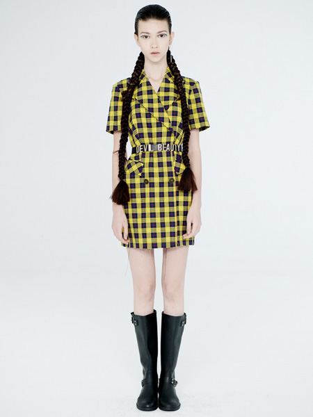 DevilBeauty女装品牌2020春夏黄色格纹收腰连衣裙短款