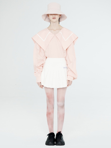 DevilBeauty女装品牌2020春夏荷叶边浅粉色上衣白色半裙