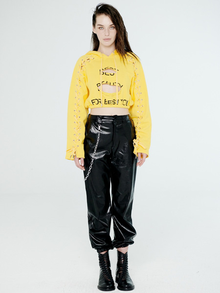 DevilBeauty女装品牌2020春夏圆领连帽黄色字母短款上衣卫衣