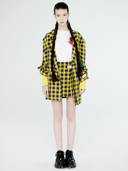 DevilBeauty女装品牌2020春夏黄色格纹外套短裙