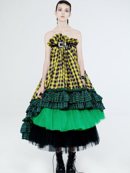 DevilBeauty女装品牌2020春夏露肩格纹蓬蓬裙黄色绿色
