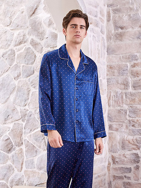 美标内衣品牌2020春夏翻领藏蓝色波点睡衣套装