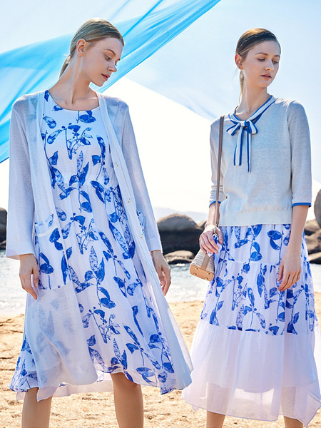 谷度女装品牌2020秋季蓝色印花雪纺衫蝴蝶结上衣