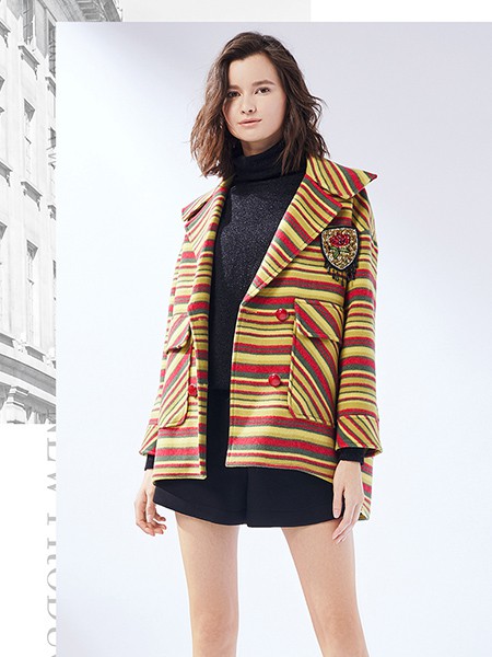 阁兰苏珊女装品牌2020秋季横纹黄色红色外套