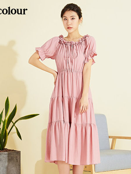欧珂OLDCOLOUR女装品牌2020春夏短袖连衣裙粉色圆领