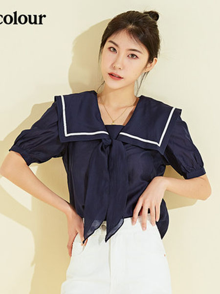欧珂OLDCOLOUR女装品牌2020春夏法式甜美海军领泡泡袖上衣女设计感小清新洋气小衫