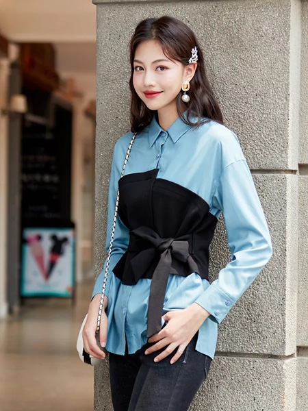 杨门女装品牌2020秋季蓝色黑色蝴蝶结收腰衬衫