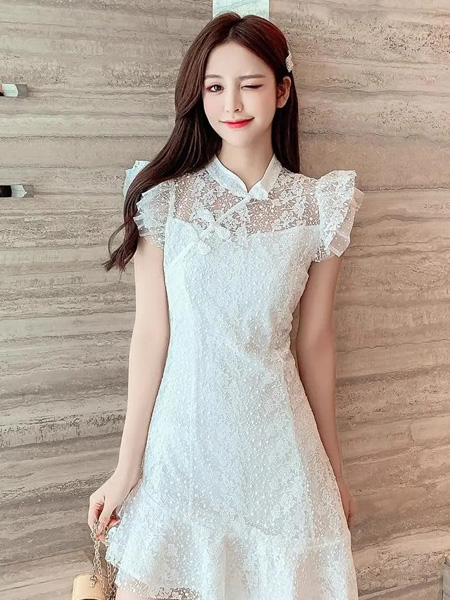 迷境女装品牌2020春夏蕾丝白色修身连衣裙
