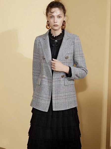 莫欧莎女装品牌2020秋季大格纹深灰色外套西装式