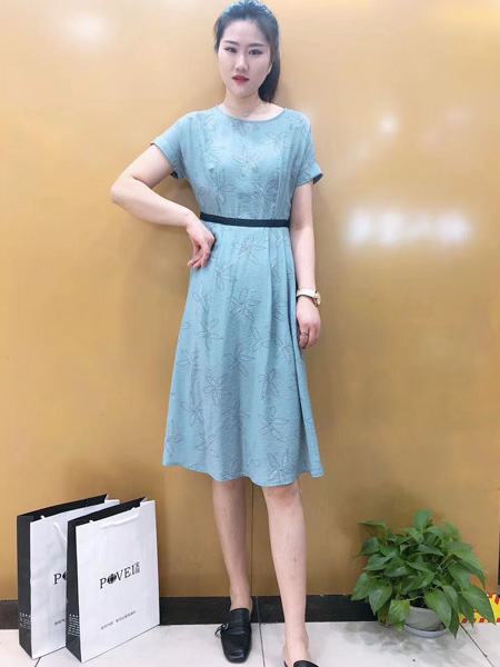 宝薇女装品牌2020春夏蓝色收腰连衣裙