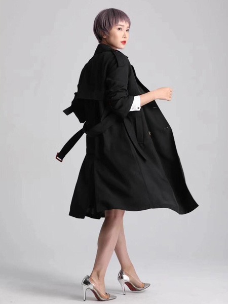 宝薇女装品牌2020春黑色中长款风衣外套