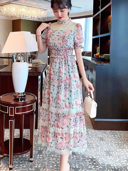 伯妮斯茵ERNIEELEN女装品牌2020春夏粉色碎花十样锦色连衣裙--洛可可艺术