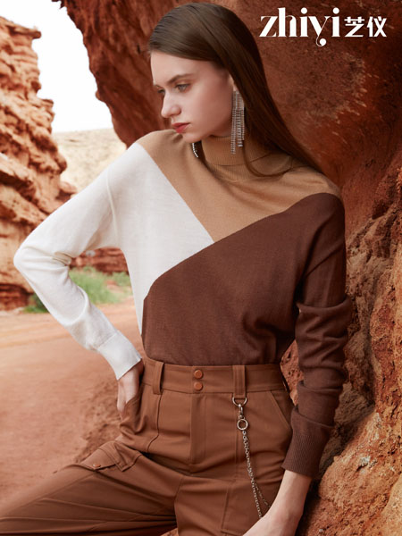 芝仪女装品牌2020秋季白褐色长袖上衣
