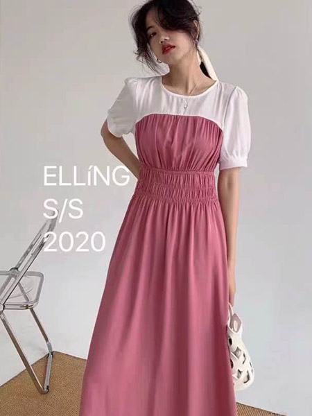 欧朴树女装品牌2020春夏白色拼接粉色连衣裙