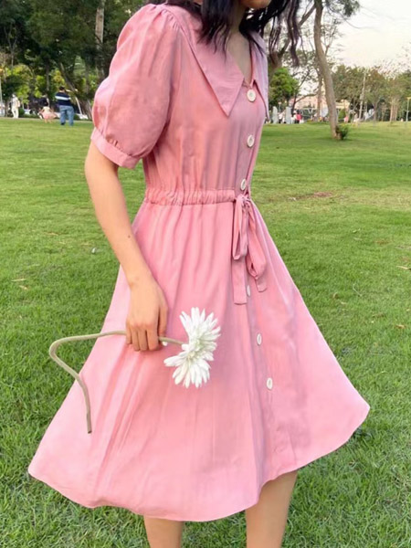 欧朴树女装品牌2020春夏橘粉色连衣裙翻领