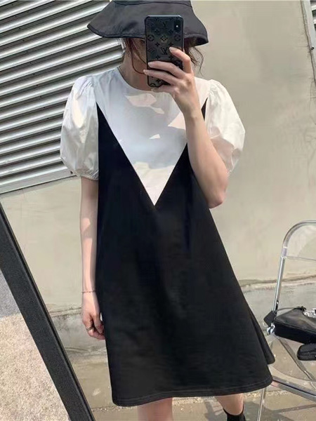 欧朴树女装品牌2020春夏白色拼接黑色连衣裙