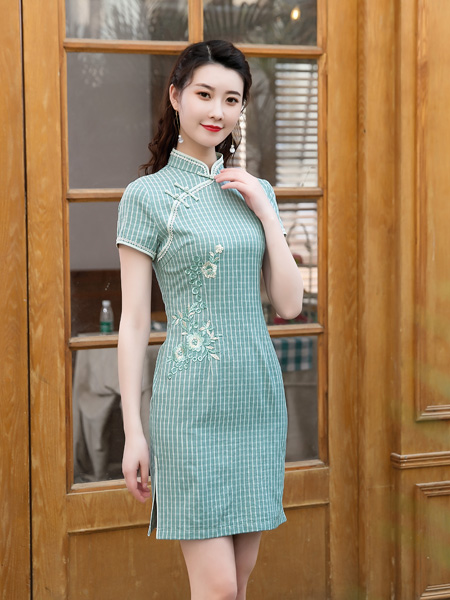 唐雅阁女装品牌2020春夏格纹青色旗袍连衣裙