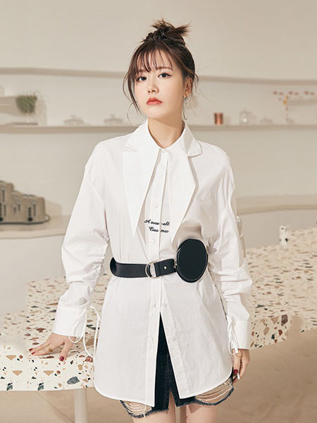 N-ONE女装品牌2020春夏白色皮带收腰衬衫长袖