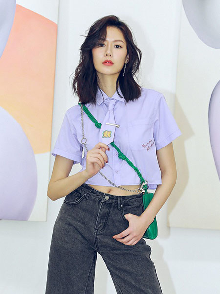 N-ONE女装品牌2020春夏翻领紫色衬衫短款