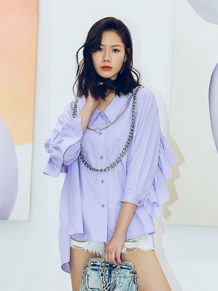 N-ONE女装品牌2020春夏翻领紫蓝色衬衫宽松