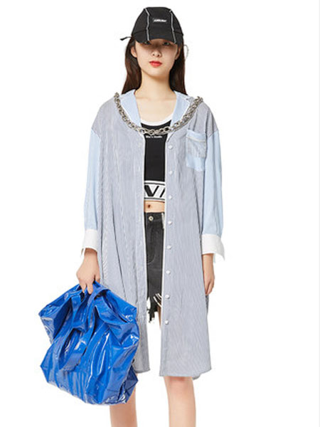 N-ONE女装品牌2020春夏蓝白条纹中长款衬衫女宽松上衣
