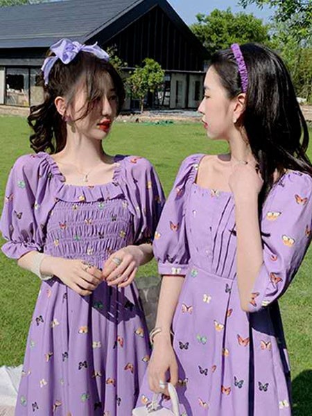 洣露女装品牌2020春夏方领紫色连衣裙