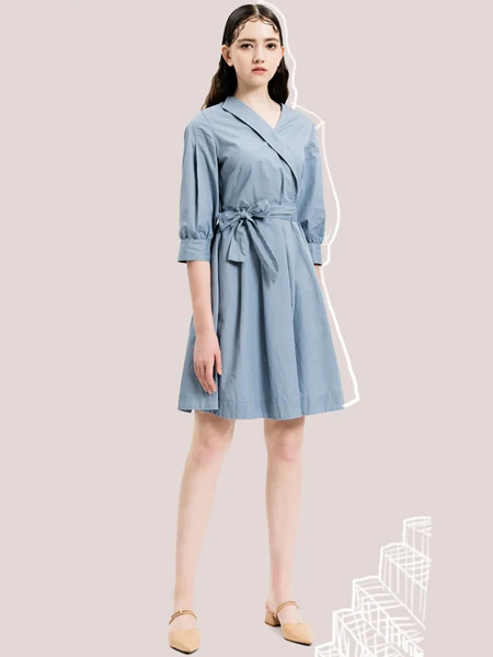 素言女装品牌2020秋季V领蓝色连衣裙