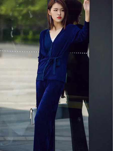 舍念女装品牌2020秋季V领深蓝色连体套装