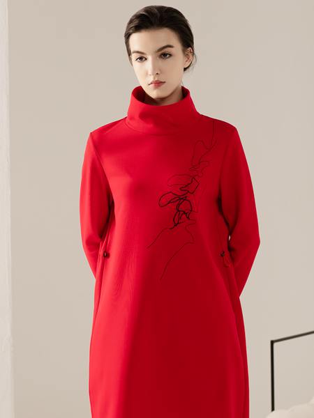 约布女装品牌2020秋季圆领大红色针织连衣裙