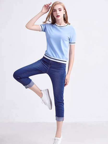 茗女装品牌2020春夏蓝色T恤牛仔长裤