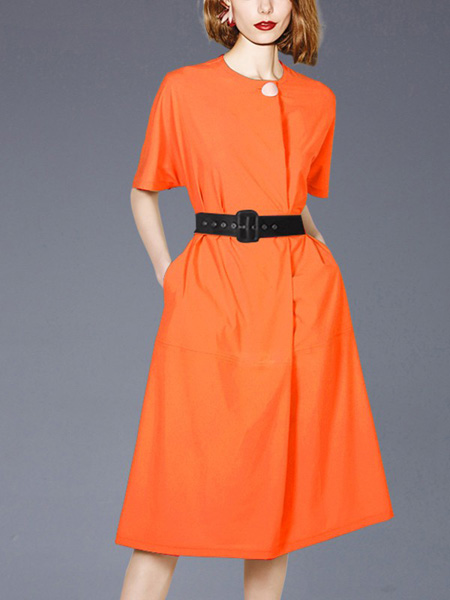 帝柔女装品牌2020春夏皮带收腰橙色连衣裙