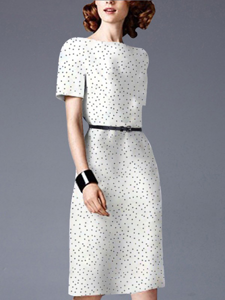 帝柔女装品牌2020春夏白色皮带波点连衣裙