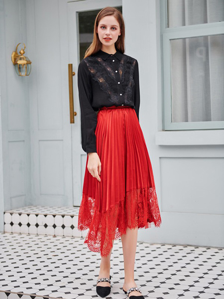 雁腾逸女装品牌2020秋季黑色长袖上衣红色半裙