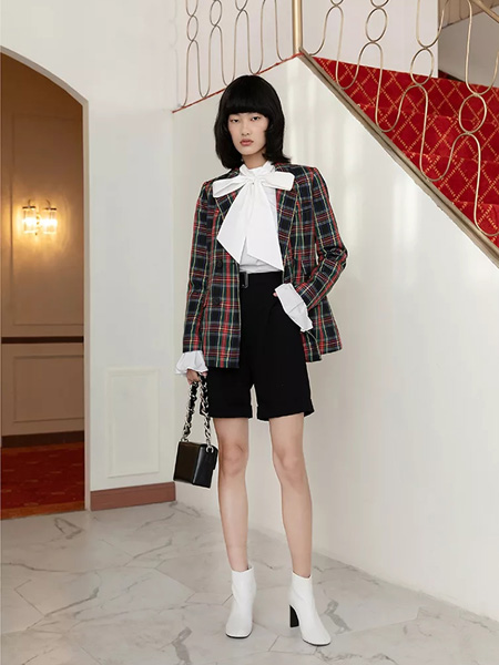 DOTACOKO女装品牌2020秋季红黑色格纹西装外套