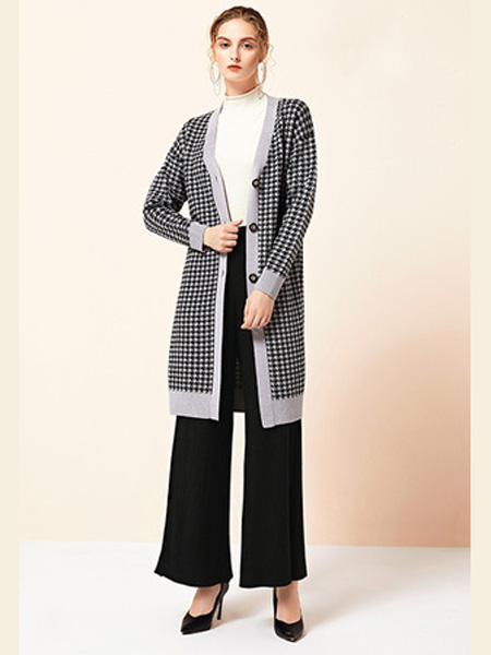 雅意娜菲女装品牌2020秋冬格纹黑白中长款外套